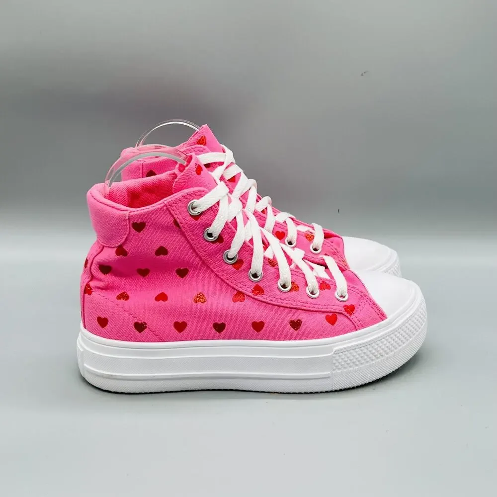 Converse Shoes Youth Girls 3 Pink Canvas Heart Print All Star High Top Sneakers